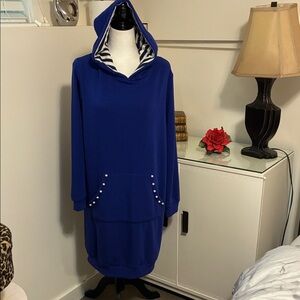 Blue Cozy Hooded Dress with Striped Lining Size L